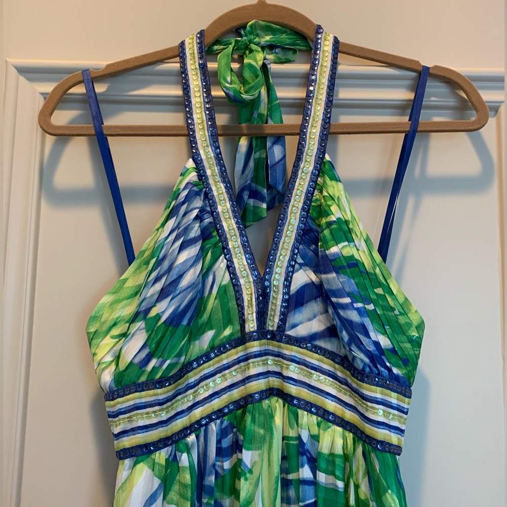 BCBG Max Azria Silk Halter maxi halter, sequin embellished
